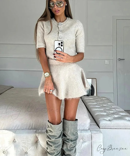 Denim Coat Elevated-Waist Jeans Formal Two Piece Set brown set / S officetwopieceset-250223