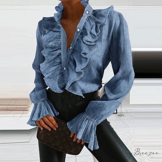 Denim Frilled V-neck Pleated Blouse Blue / S blouse-250126