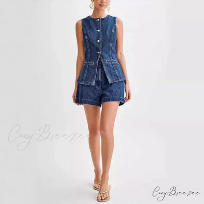 Denim Round Neck Sleeveless Shorts Work Set blue set / S officetwopieceset-250223