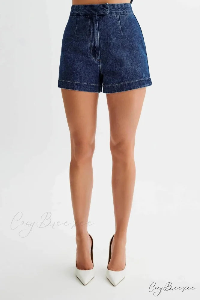 Denim Round Neck Sleeveless Shorts Work Set blue shorts / S officetwopieceset-250223