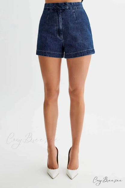 Denim Round Neck Sleeveless Shorts Work Set blue shorts / S officetwopieceset-250223