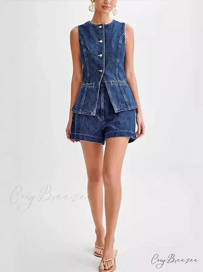 Denim Round Neck Sleeveless Shorts Work Set officetwopieceset-250223