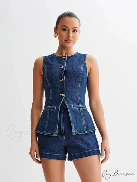 Denim Round Neck Sleeveless Shorts Work Set officetwopieceset-250223