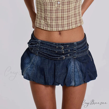 Denim Ruffle Buckled Belted Skirt Blue / S skirts-250223