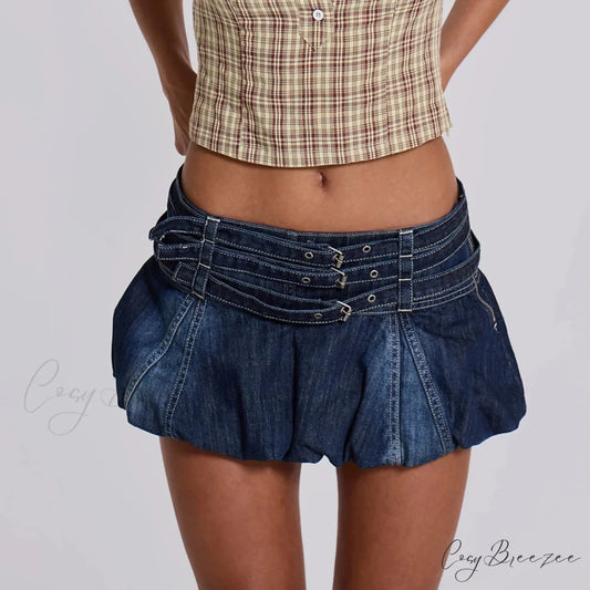 Denim Ruffle Buckled Belted Skirt Blue / S skirts-250223