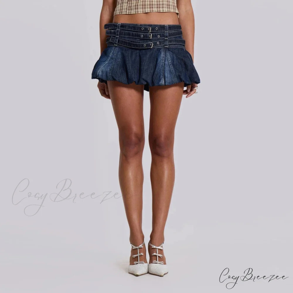Denim Ruffle Buckled Belted Skirt skirts-250223
