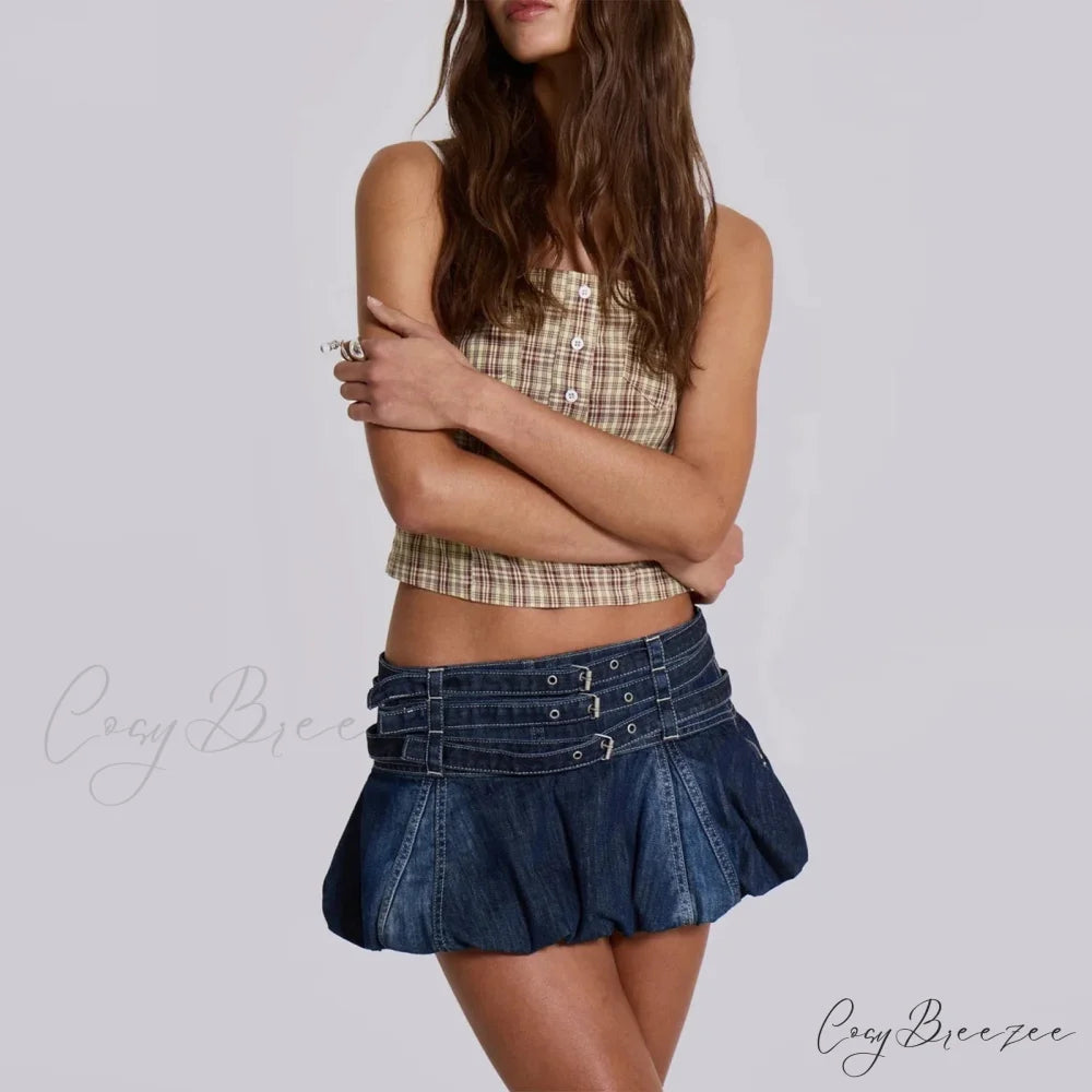 Denim Ruffle Buckled Belted Skirt skirts-250223