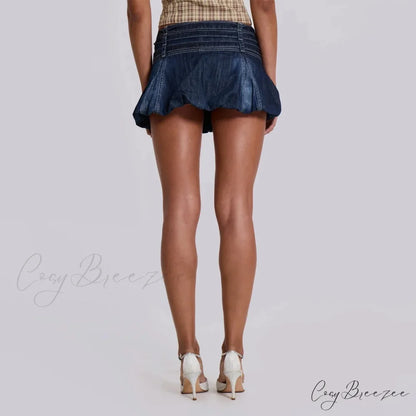 Denim Ruffle Buckled Belted Skirt skirts-250223