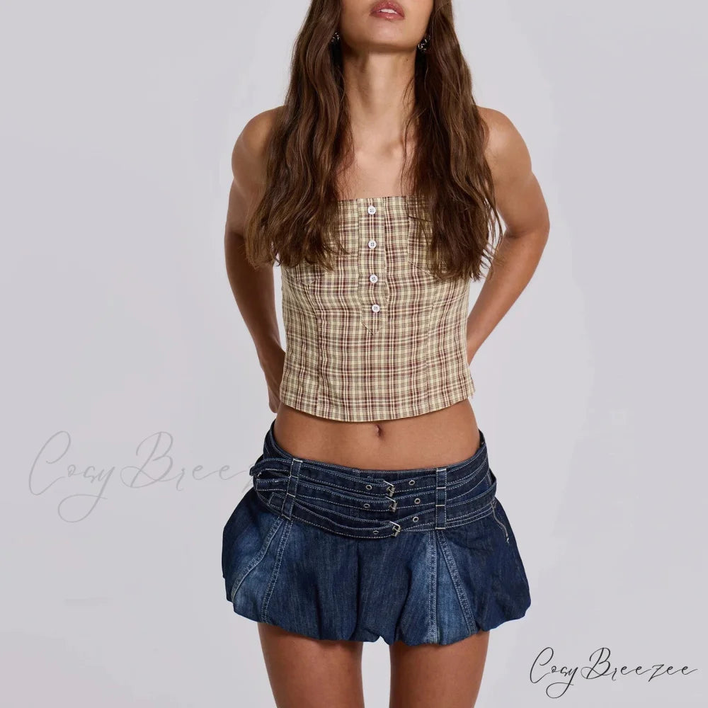 Denim Ruffle Buckled Belted Skirt skirts-250223