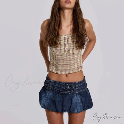 Denim Ruffle Buckled Belted Skirt skirts-250223