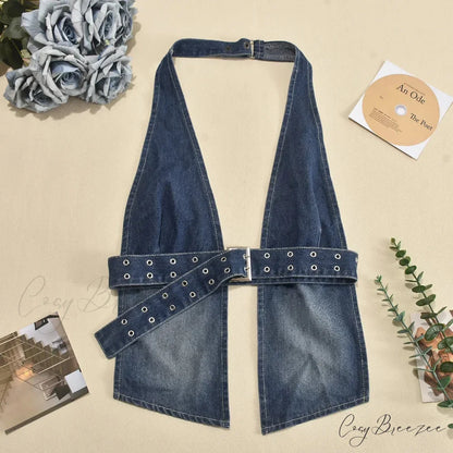 Denim Strap Plunge Charming Open Back Halter Top