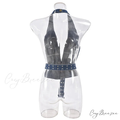 Denim Strap Plunge Charming Open Back Halter Top