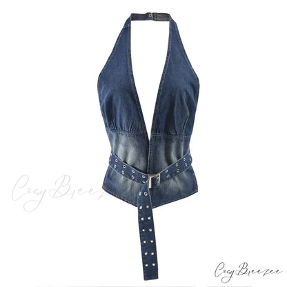 Denim Strap Plunge Charming Open Back Halter Top blue / M