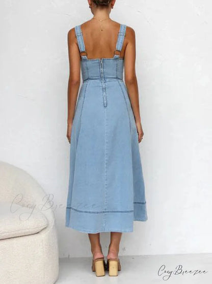Denim Suspender Casual Charming Button Midi Dress