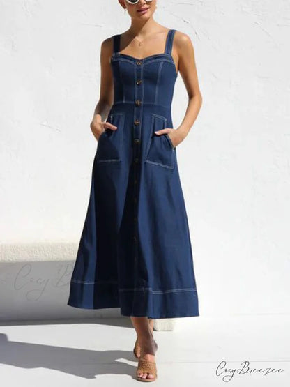 Denim Suspender Casual Charming Button Midi Dress