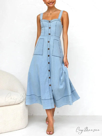 Denim Suspender Casual Charming Button Midi Dress Light Blue / S