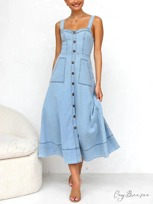 Denim Suspender Casual Charming Button Midi Dress Light Blue / S