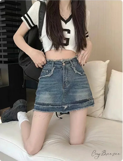 Denim Vintage A-line Y2K Patchwork Retro Skirt Blue / S