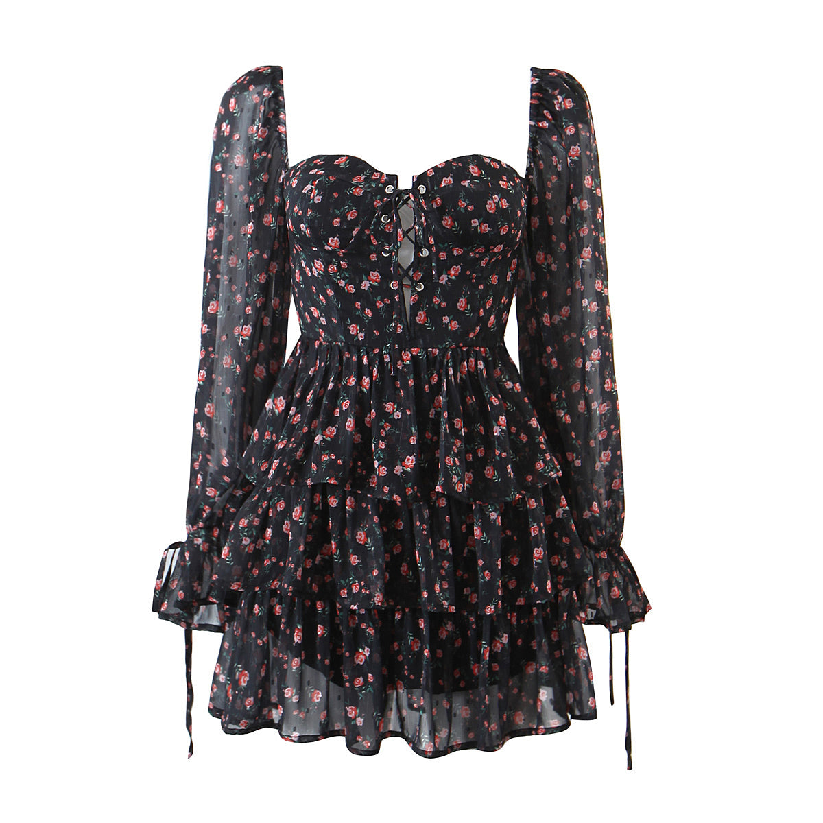 Sandy Black Flower Print Long Sleeve Mini Dress