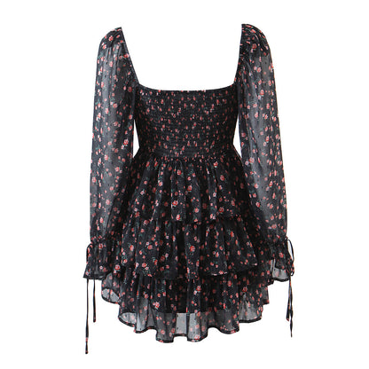 Sandy Black Flower Print Long Sleeve Mini Dress