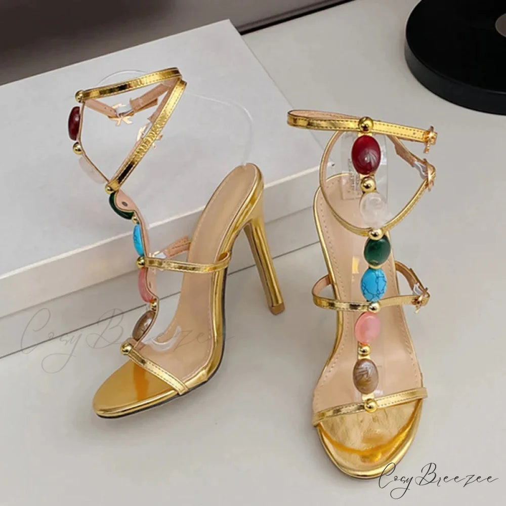 Designer High Heels Women Sexy 11.5CM Stiletto Sandals Bohemian Colour Gem Strap Open Toe Wedding Banquet Shoes Golden