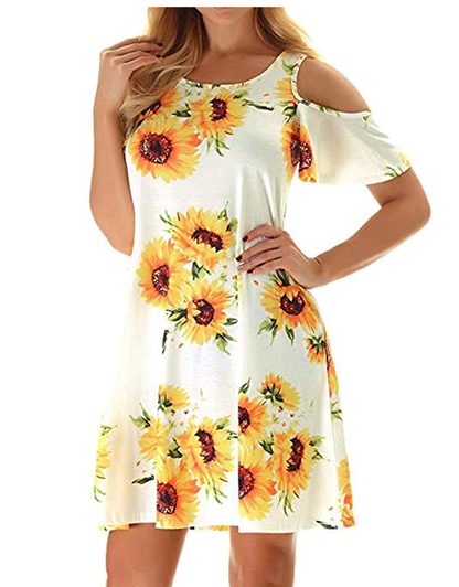 Sunflower Print Mini Dress for Women - Summer Casual Style