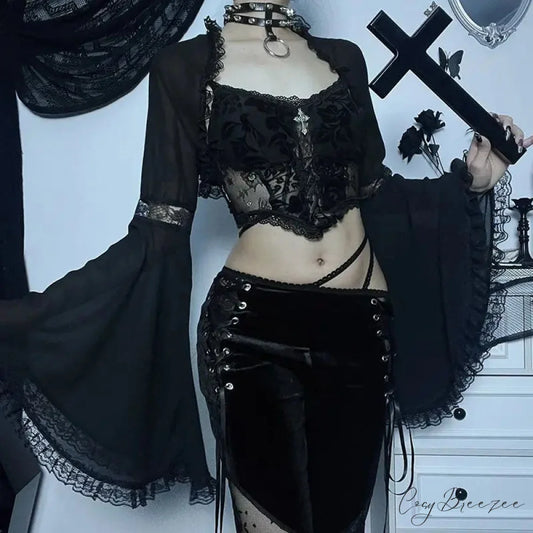 Diablo Lace Cover Up Kam Shoulder Halloween Half Sleeve Gothic Hollowing Out Cardigan