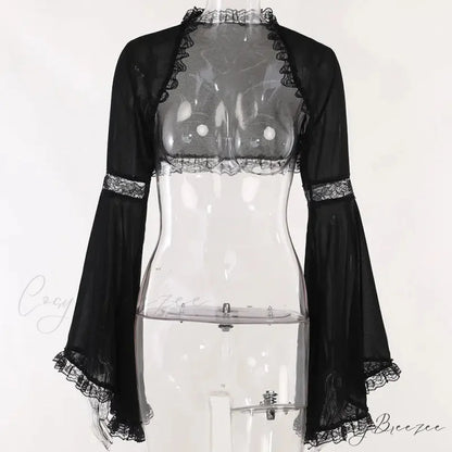 Diablo Lace Cover Up Kam Shoulder Halloween Half Sleeve Gothic Hollowing Out Cardigan Black / S