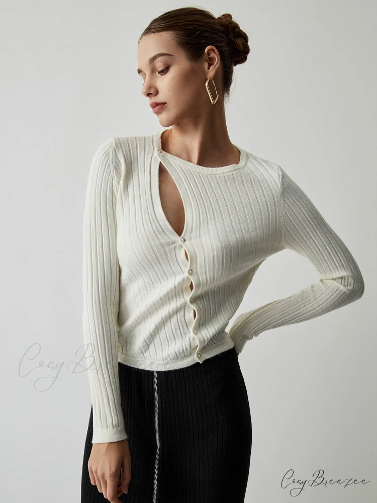 Diagonal Buttoned Rib Trendy Long Sleeve Top