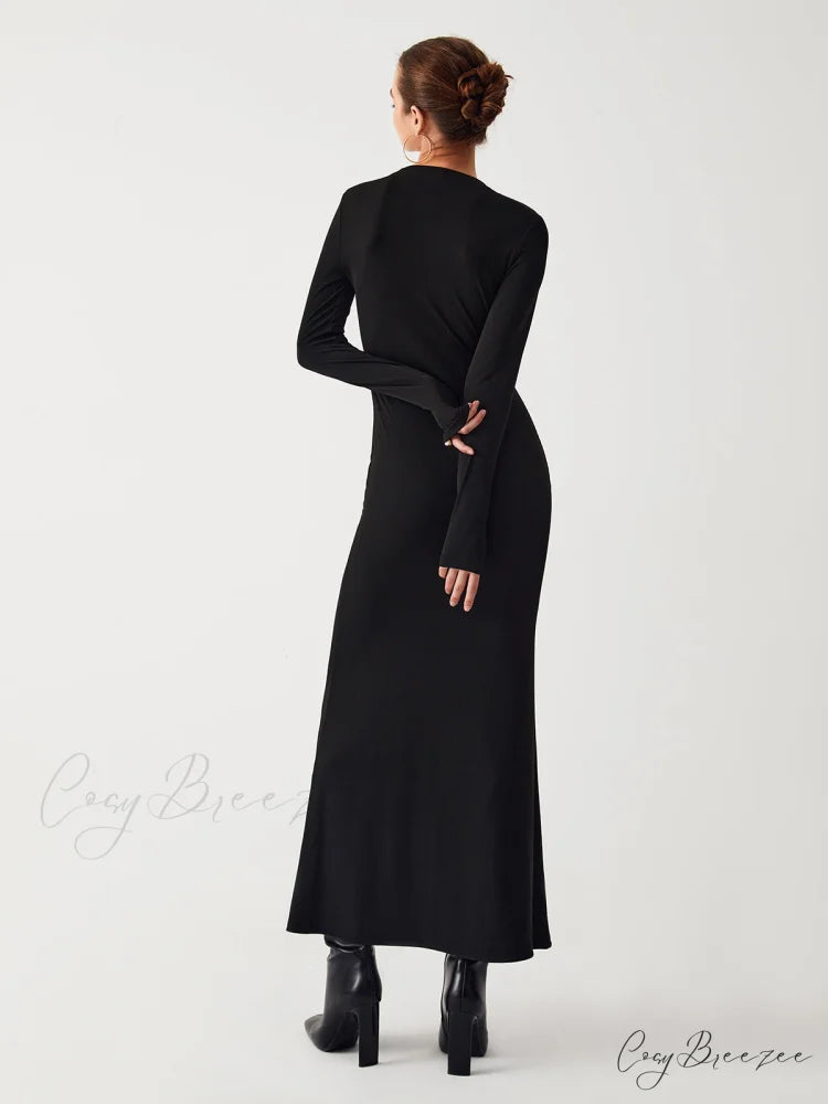 Diagonal Keyhole Long Trendy Sleeve Long Dress