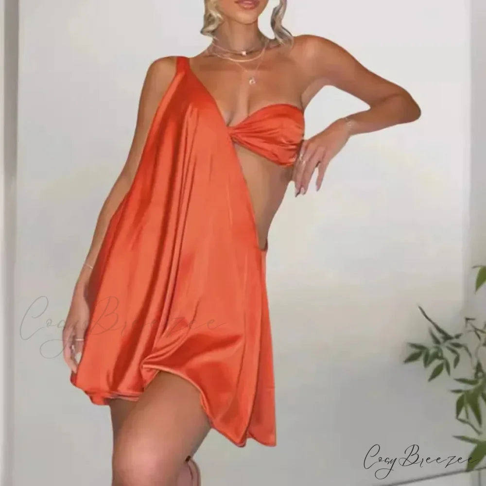 Diagonal Shoulder Sheer Mini Dress minidress-250223