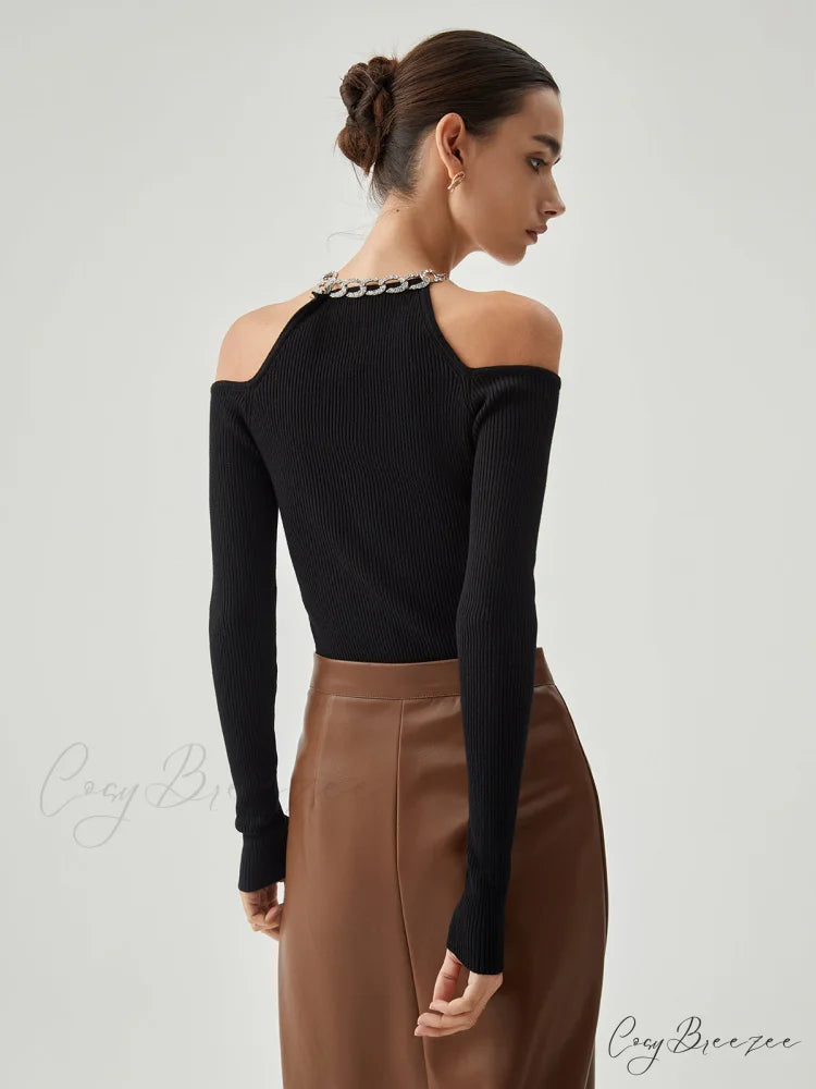 Diamante Neckline Cutout Trendy Long Sleeve Knit Top