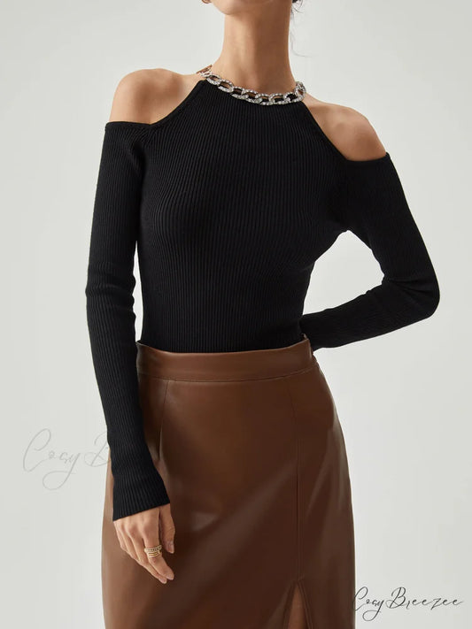 Diamante Neckline Cutout Trendy Long Sleeve Knit Top Black / S