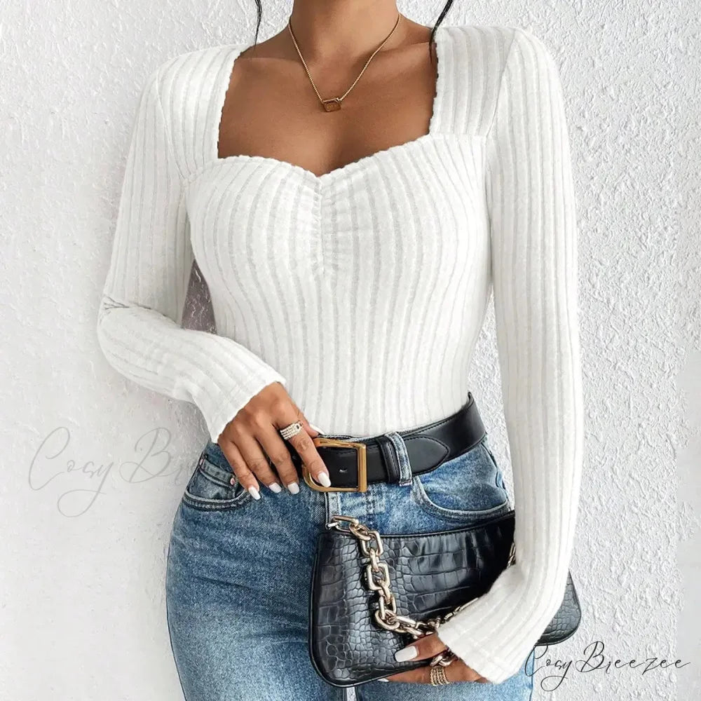Diamond Collar Casual Knitted Long Sleeve T-shirt Women white / XS knittop-250126