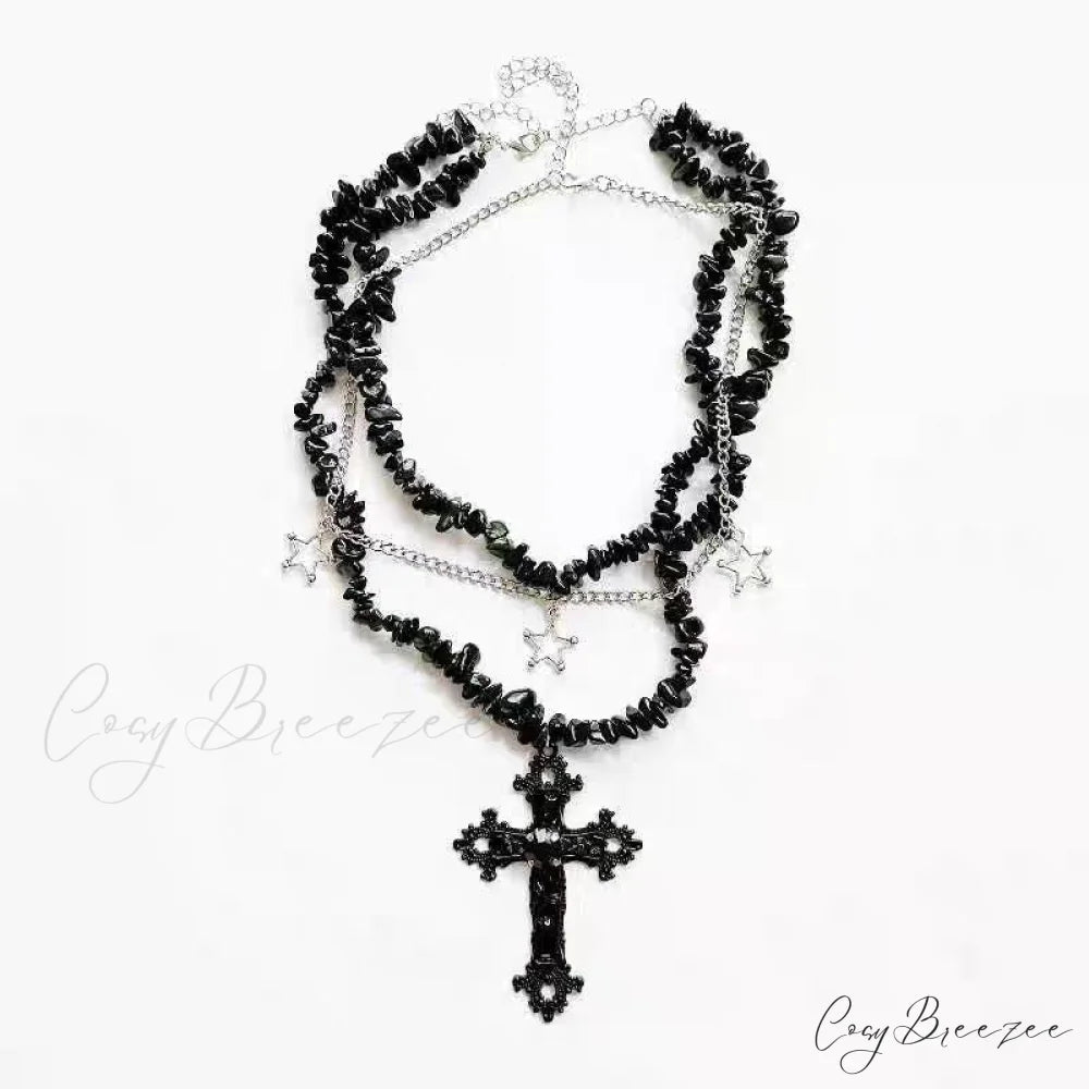 Diamond Cross Star Double Layer Hip-hop Dark Necklace BLACK