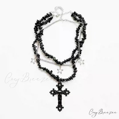 Diamond Cross Star Double Layer Hip-hop Dark Necklace BLACK
