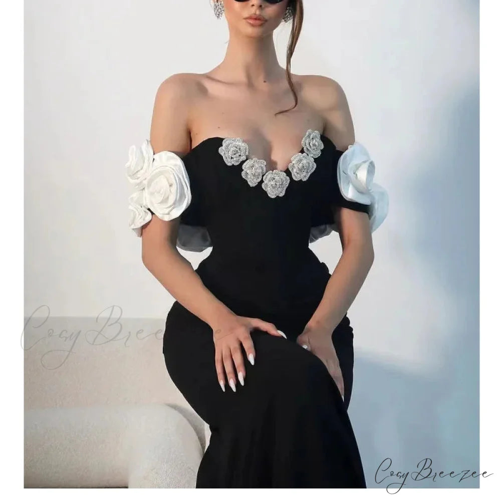 Diamond Flowers Off-The-Shoulder Party Dress