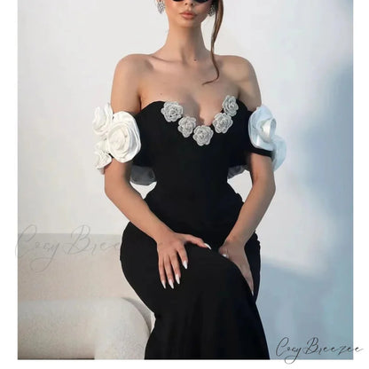 Diamond Flowers Off-The-Shoulder Party Dress
