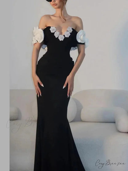 Diamond Flowers Off-The-Shoulder Party Dress Black / XS