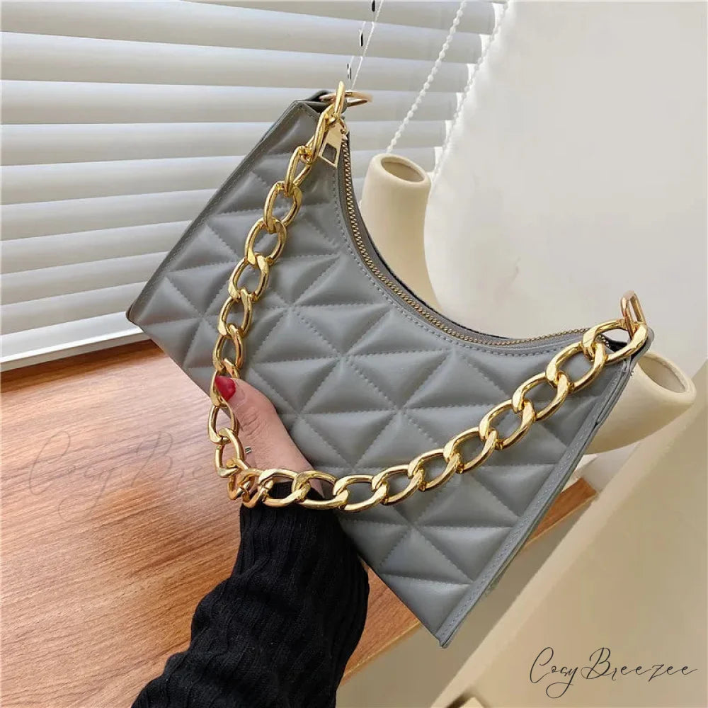 Diamond Pattern PU Leather Chain Shoulder Bag Grey handbag-250126