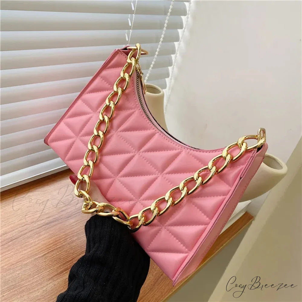 Diamond Pattern PU Leather Chain Shoulder Bag Pink handbag-250126
