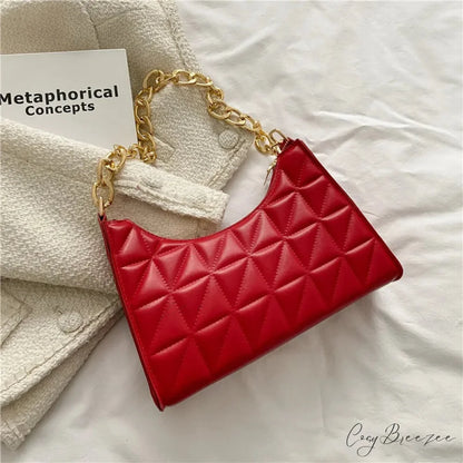 Diamond Pattern PU Leather Chain Shoulder Bag Red handbag-250126