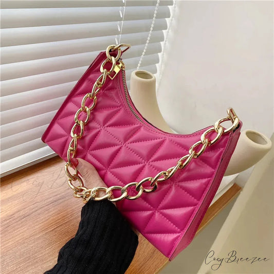 Diamond Pattern PU Leather Chain Shoulder Bag Rose red handbag-250126