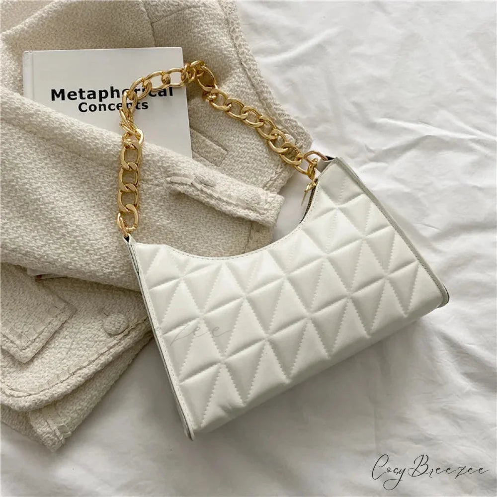 Diamond Pattern PU Leather Chain Shoulder Bag White handbag-250126