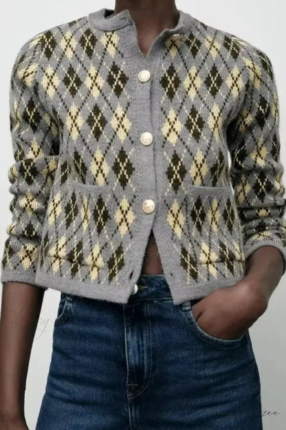 Diamond Pattern Round Neck Knitted Cardigan Yellow / S cardigans-241228