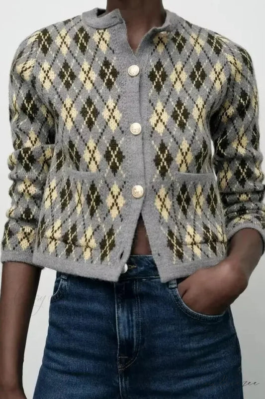 Diamond Pattern Round Neck Knitted Cardigan Yellow / S cardigans-241228