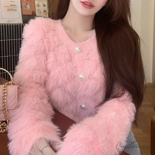 Diamond Pink Plush Knit Cardigan Pink / One Size