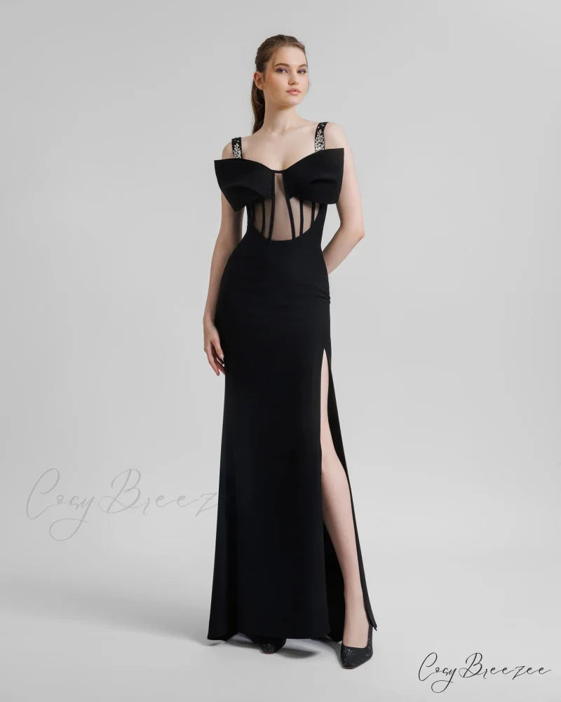 Diamond Strap Bow Slit Elegant Prom Dress black / XS promdress-250223