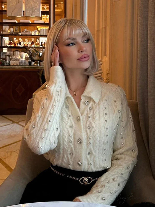 Diamonds Lapel Single Breasted Cardigan White / S