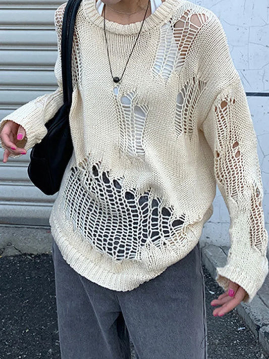 Distressed Crochet Knit Trendy Long Sleeve Crop Top Beige / ONE SIZE